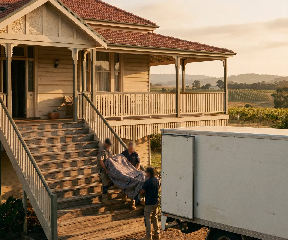 A removals crew carrying a wrapped piece down the raised front steps of a heritage Maitland home, the Hunter wine country beyond
